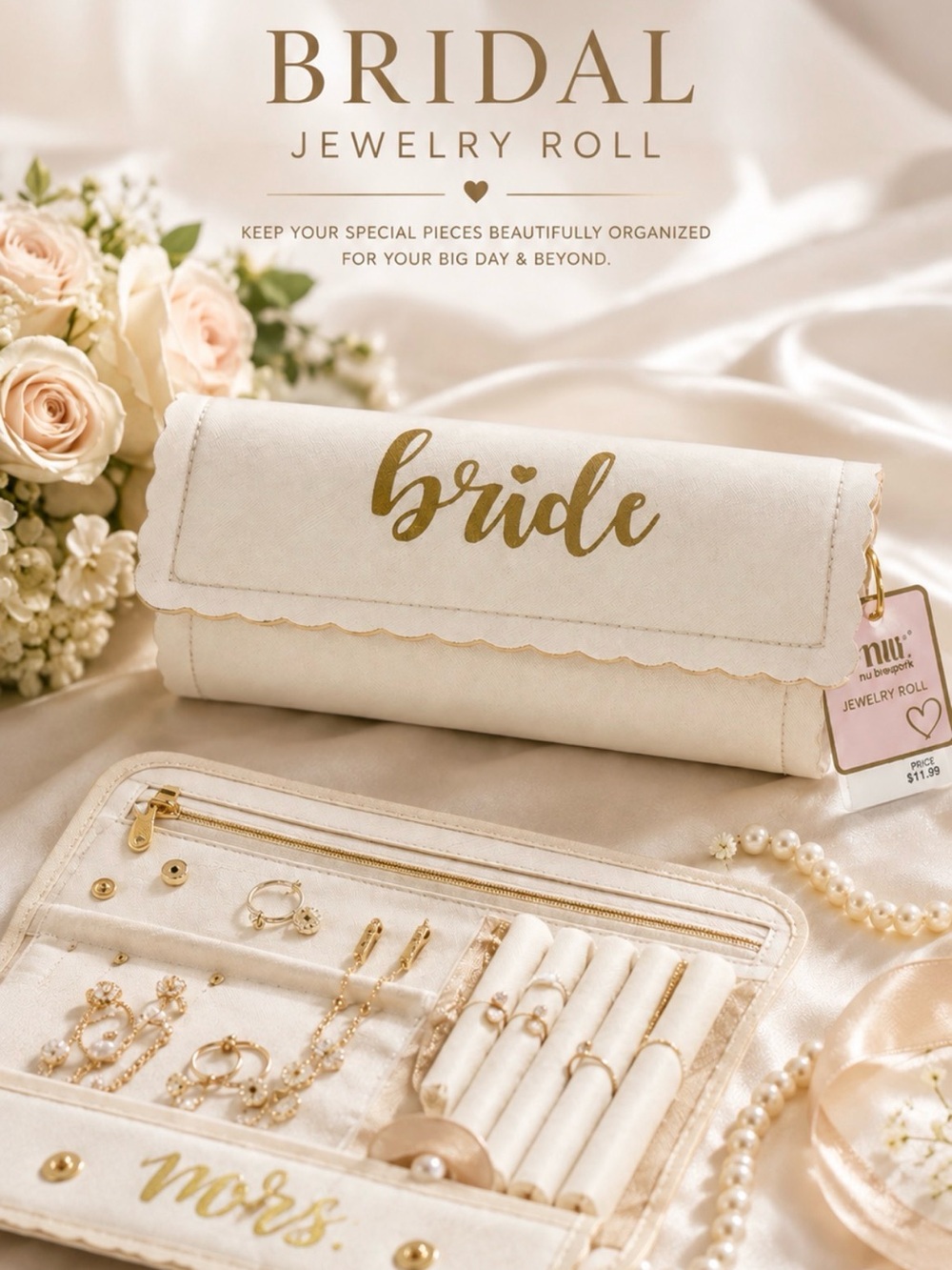 Bridal Jewelry Roll Organizer - Cream "Bride"